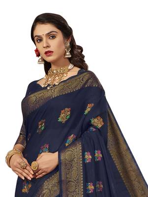 Navy blue woven cotton silk saree with blouse 2