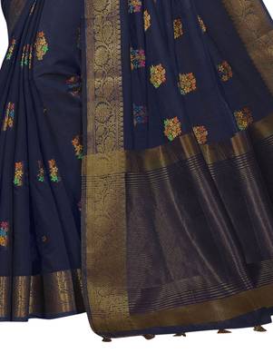 Navy blue woven cotton silk saree with blouse 3