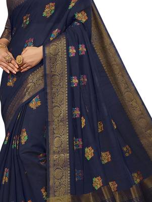Navy blue woven cotton silk saree with blouse 4