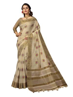 Cream woven cotton silk saree with blouse 1