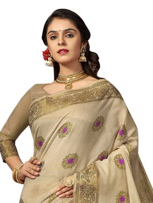 Cream woven cotton silk saree with blouse 2