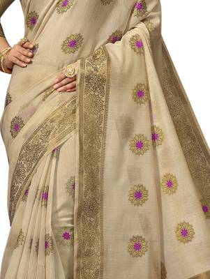 Cream woven cotton silk saree with blouse 4