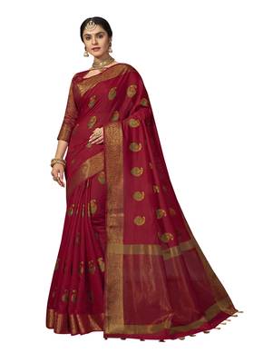 Red woven cotton silk saree with blouse 1