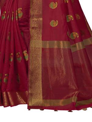 Red woven cotton silk saree with blouse 3
