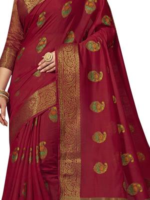 Red woven cotton silk saree with blouse 4