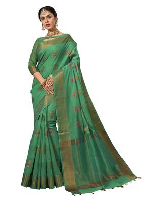 Green woven cotton silk saree with blouse 1