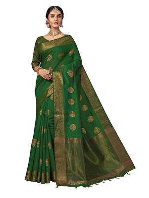 Green woven cotton silk saree with blouse 1