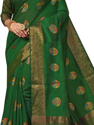 Green woven cotton silk saree with blouse 4