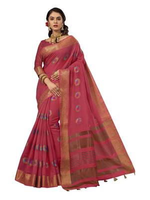 Pink woven cotton silk saree with blouse 1
