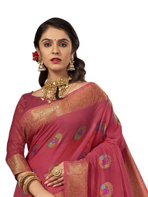Pink woven cotton silk saree with blouse 2