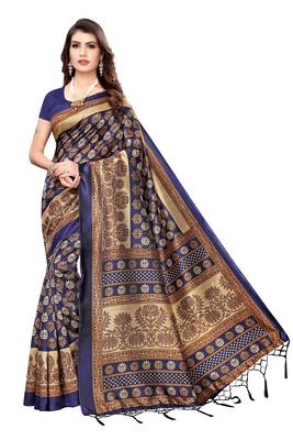 Navy Blue Printed Art Silk Saree With Blouse 1