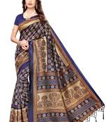 Navy Blue Printed Art Silk Saree With Blouse