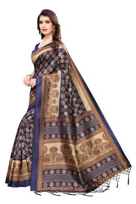 Navy Blue Printed Art Silk Saree With Blouse 2