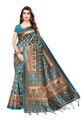 Cyan Printed Art Silk Saree With Blouse 1