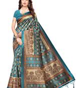 Cyan Printed Art Silk Saree With Blouse
