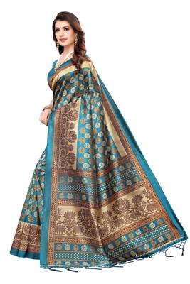 Cyan Printed Art Silk Saree With Blouse 2