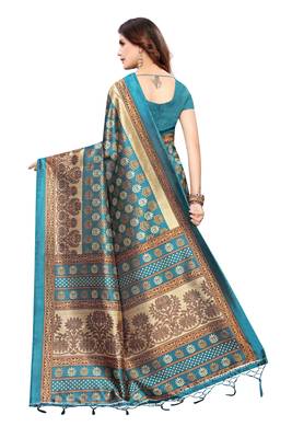 Cyan Printed Art Silk Saree With Blouse 3