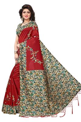 Red Printed Art Silk Saree With Blouse 2