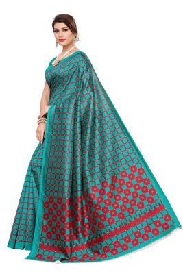 Green Printed Art Silk Saree With Blouse 2