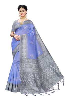 Blue Printed Art Silk Saree With Blouse 1