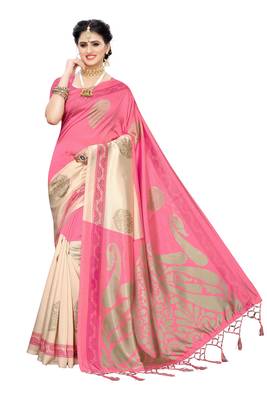 Pink printed art silk saree with blouse 1