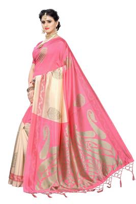 Pink printed art silk saree with blouse 2