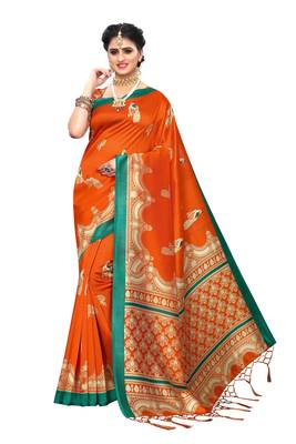 Orange Printed Art Silk Saree With Blouse 1