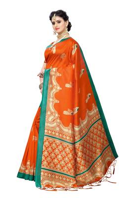 Orange Printed Art Silk Saree With Blouse 2