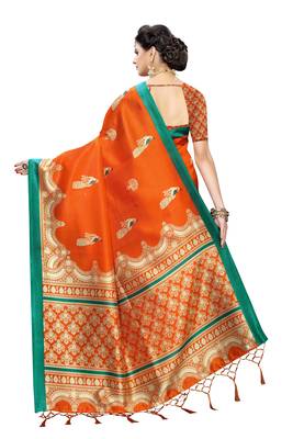 Orange Printed Art Silk Saree With Blouse 3