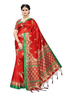 Red Printed Art Silk Saree With Blouse 1