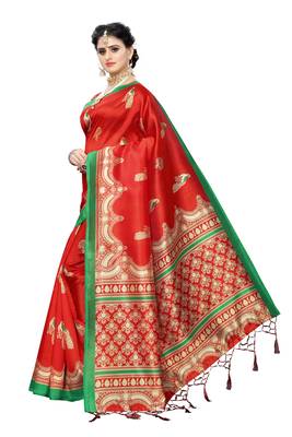 Red Printed Art Silk Saree With Blouse 2