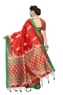 Red Printed Art Silk Saree With Blouse 3