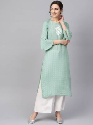 Women Sea Green Embroidered Straight Rayon Dobby Kurta 1