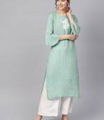 Women Sea Green Embroidered Straight Rayon Dobby Kurta