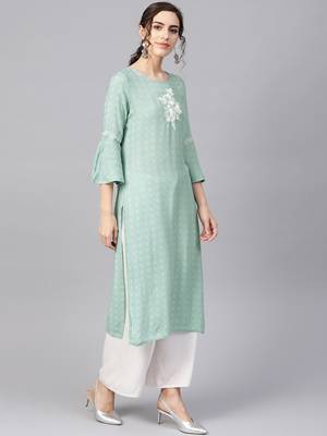 Women Sea Green Embroidered Straight Rayon Dobby Kurta 2