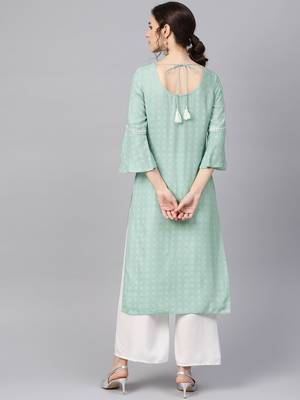 Women Sea Green Embroidered Straight Rayon Dobby Kurta 3