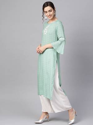 Women Sea Green Embroidered Straight Rayon Dobby Kurta 4