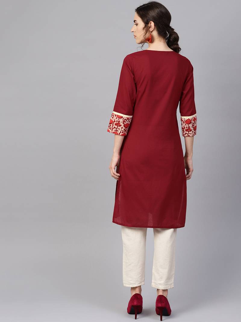 Maroon Cotton Hand Block Print Straight Kurti for Women | Floral Ethnic Kurta with 3/4 Sleeves