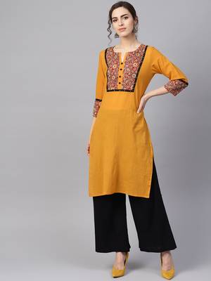 Women Mustard Embroidered Straight Cotton Kurta 1