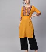 Women Mustard Embroidered Straight Cotton Kurta