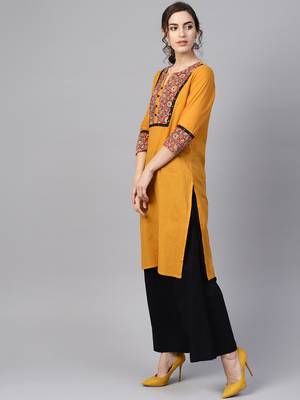 Women Mustard Embroidered Straight Cotton Kurta 2