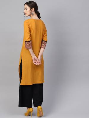 Women Mustard Embroidered Straight Cotton Kurta 3