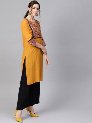 Women Mustard Embroidered Straight Cotton Kurta 4