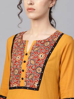 Women Mustard Embroidered Straight Cotton Kurta 5