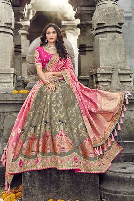 Grey embroidered silk semi stitched lehenga 1