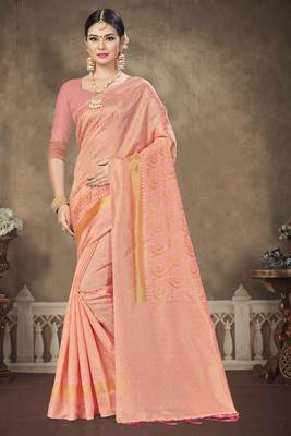 Light Pink Printed Banarasi Silk Saree With Blouse 1
