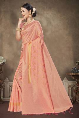 Light Pink Printed Banarasi Silk Saree With Blouse 2