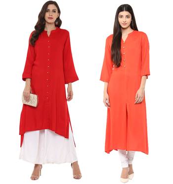 red and orange rayon combo kurti 1