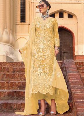 Yellow Net Pakistani Salwar Kameez 1