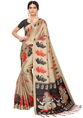 Beige printed khadi saree with blouse 1